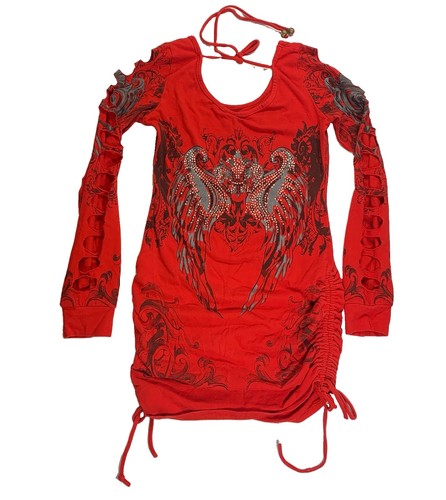 Y2K 3R Streetwear Cut Out Dress Small Red Rhinestones Bodycon - photo 2