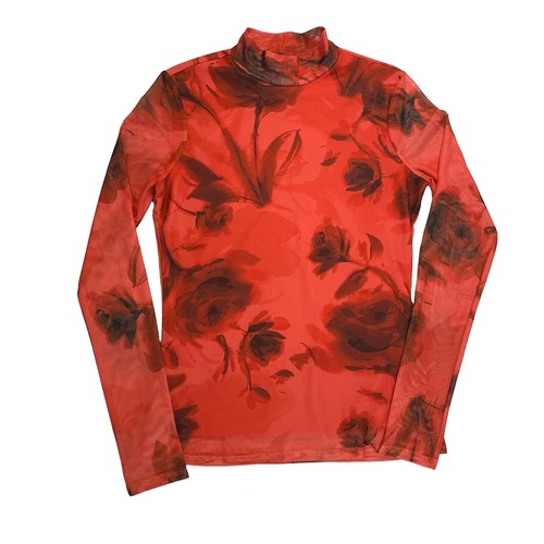 Suzy Sheer Mesh Top M Red Rose Floral Mock Neck