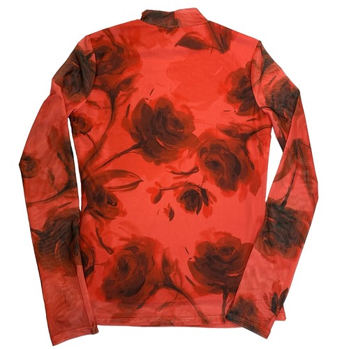 Suzy Sheer Mesh Top M Red Rose Floral Mock Neck - photo 2