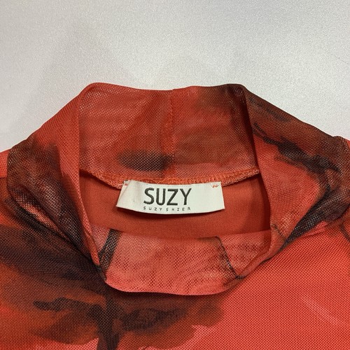 Suzy Sheer Mesh Top M Red Rose Floral Mock Neck - photo 3