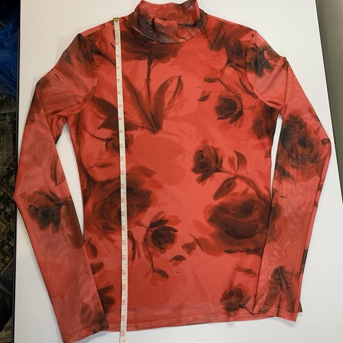 Suzy Sheer Mesh Top M Red Rose Floral Mock Neck - photo 5