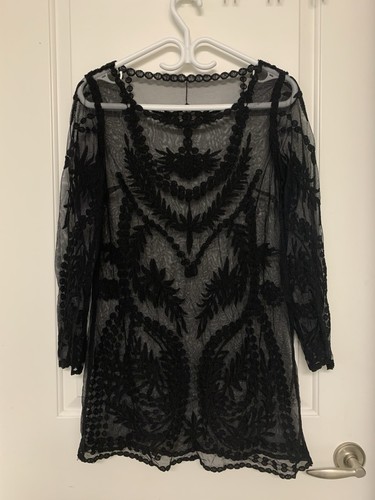 Black Mesh Mini Dress M Lace Embroidered Sheer Overlay
