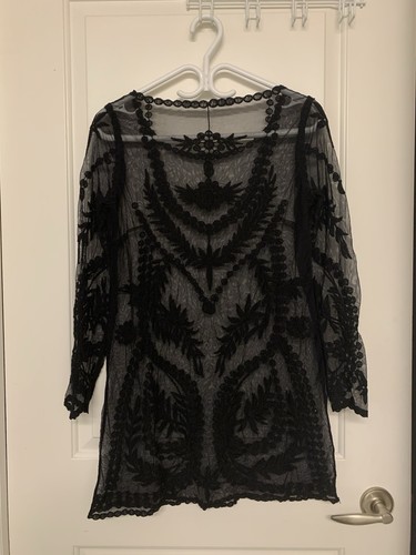 Black Mesh Mini Dress M Lace Embroidered Sheer Overlay - photo 2