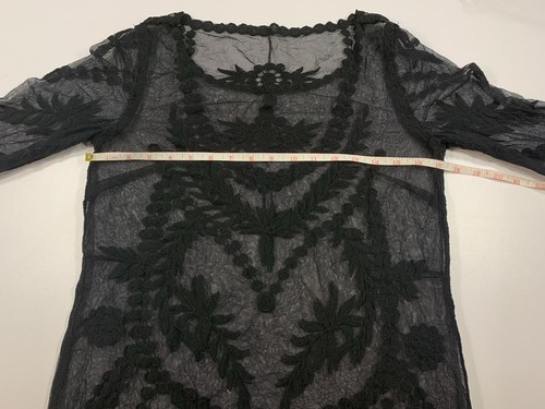 Black Mesh Mini Dress M Lace Embroidered Sheer Overlay - photo 3