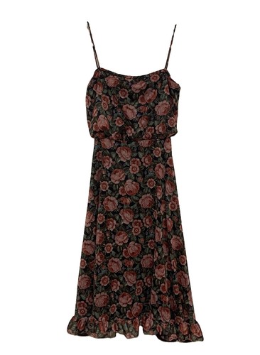 Vintage 70s Midi Dress Small Floral Blouson Ruffle Hem