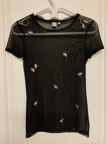 Black Sheer Mesh Floral Embroidered T-shirt XS Dark Fairy