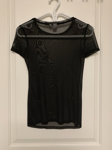 Black Sheer Mesh Floral Embroidered T-shirt XS Dark Fairy - photo 2