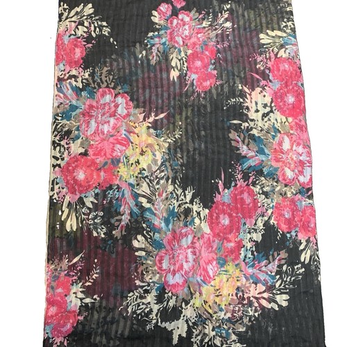 Sheer Black Striped Floral Scarf Wrap 36x74"