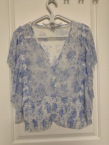 Kismet Floral Flutter Sleeve Smocked Mesh Blouse XXL White Blue - photo 2