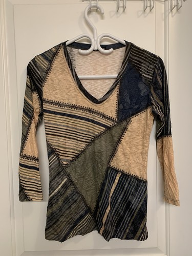 David Cline Crushed Knit V-Neck Top 3/4 Sleeve Boho Patchwork