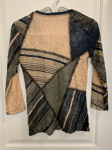 David Cline Crushed Knit V-Neck Top 3/4 Sleeve Boho Patchwork - photo 2