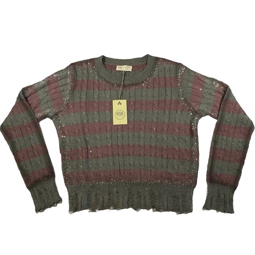 NWT BSB Rhinestone Sweater Size L Grey Burgundy Distressed