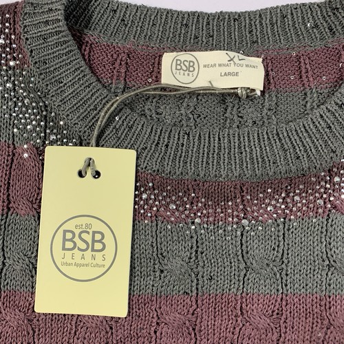 NWT BSB Rhinestone Sweater Size L Grey Burgundy Distressed - photo 2