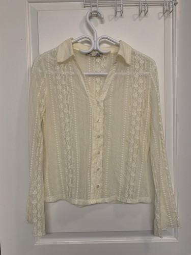 Dex Sheer Lace Button Up Shirt Medium Ivory Boho Beach