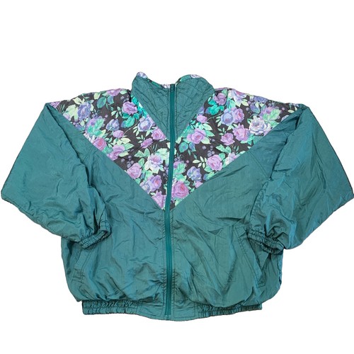 Vintage Lady Footlocker Windbreaker Large Teal Purple Floral