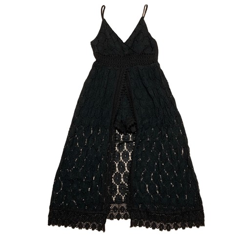 Black Lace Romper Maxi Dress Small Sleeveless Wrap Smocked Waist
