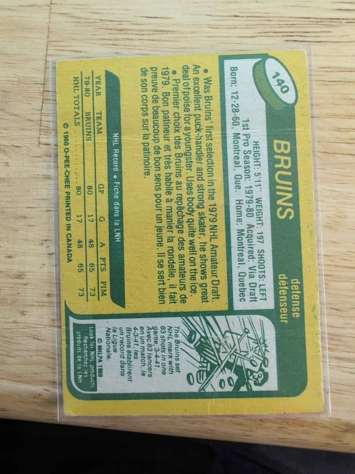 1980 O-Pee-Chee Ray Bourque Rookie Card #140 Boston Bruins - photo 2