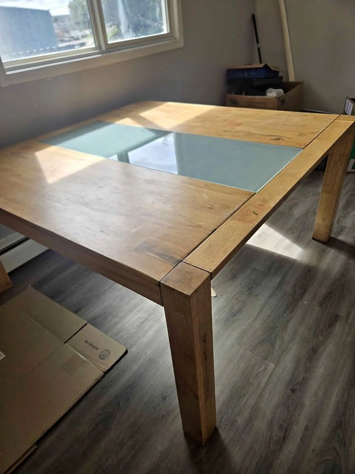 Wood Dining Table with Glass Inlay and 7 Chairs