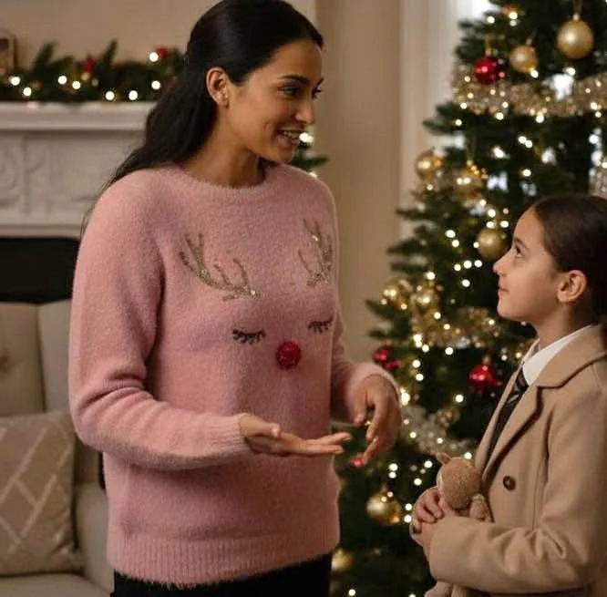 Lipsy Pink Crew Neck Sweater with Reindeer Design size 6 thumbnail