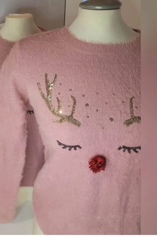 Lipsy Pink Crew Neck Sweater with Reindeer Design size 6 image indicator(2)