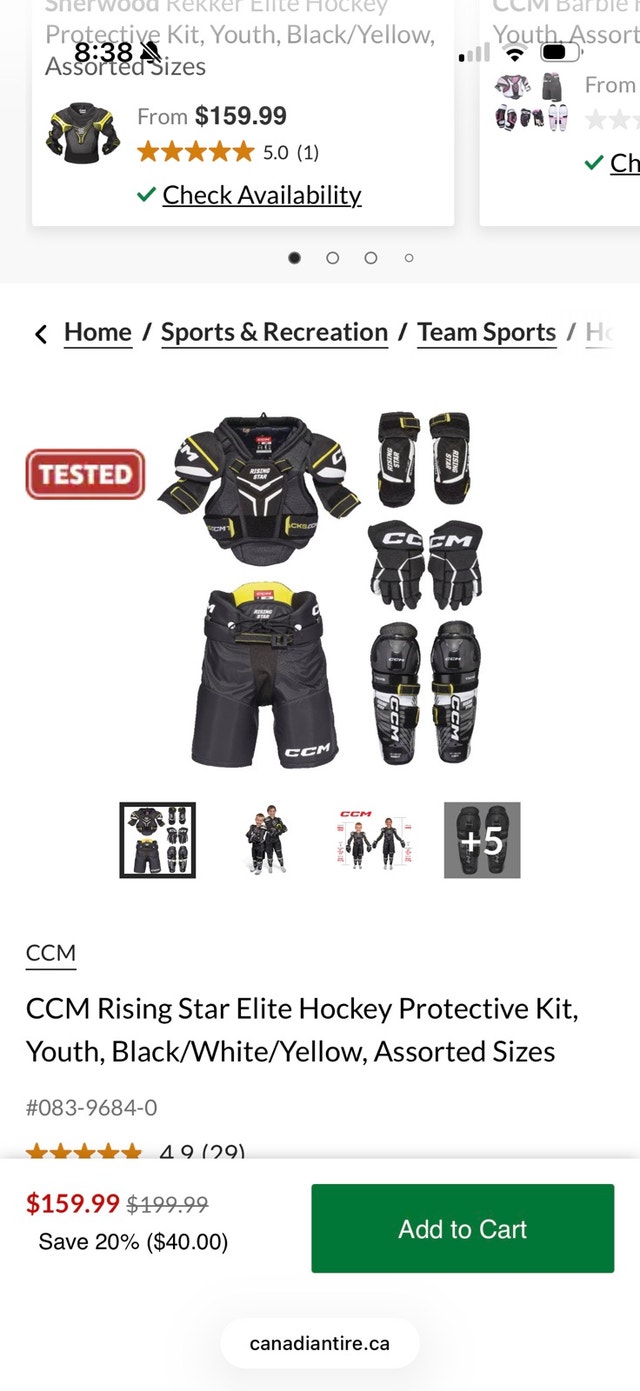 CCM Rising Star Elite Youth Hockey Protective Gear Set Large
