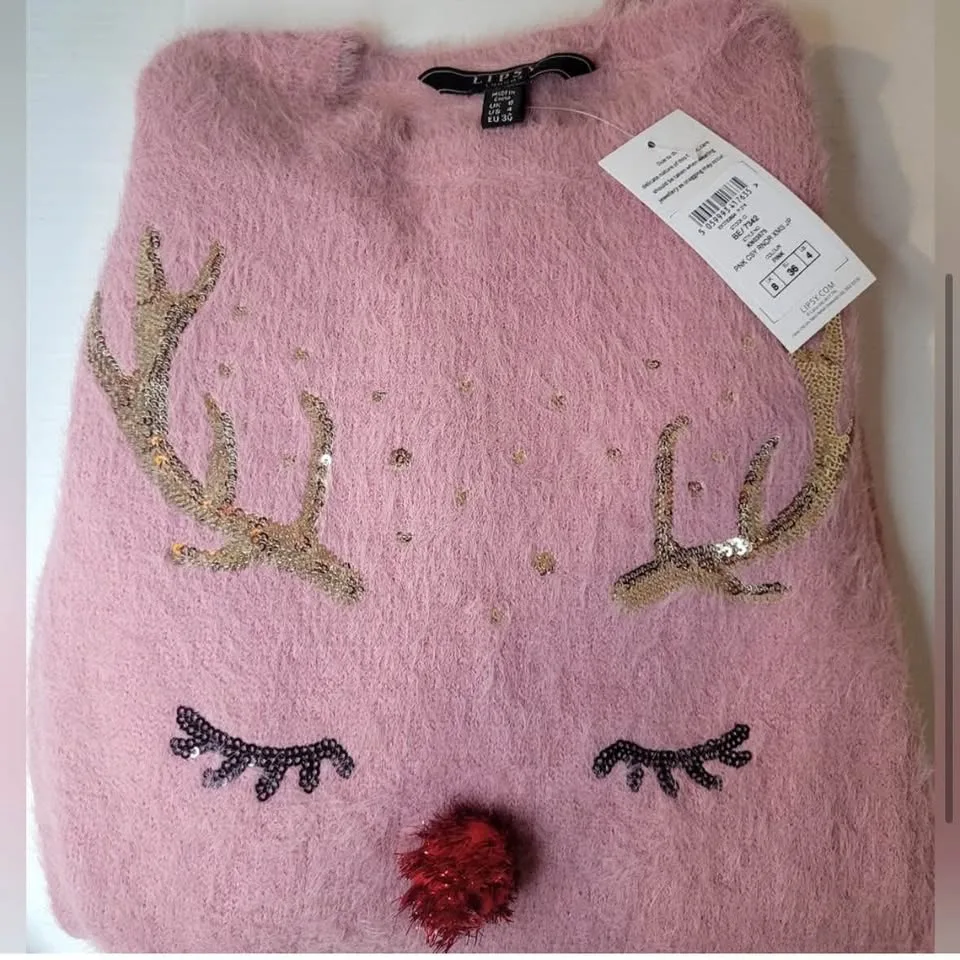 New Lipsy Pink Crew Neck Sweater Reindeer Design Sz 4 image indicator(4)