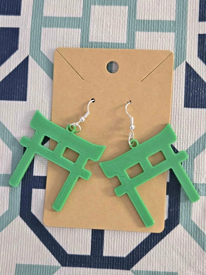 3D Printed Torii Gate Earrings – Green – PLA Jewelry
