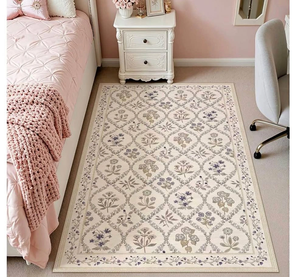 Washable 3x5 Area Rug, Neutral Floral Print Rugs for Entryway