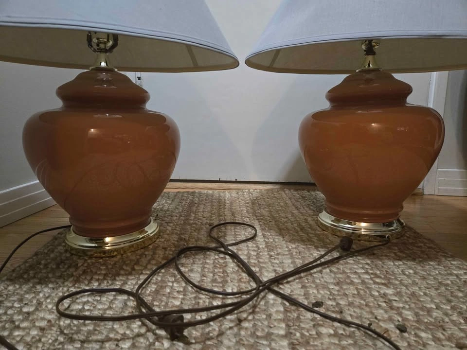 Pair of Large Orange / Amber Ceramic Table Lamps - photo 3