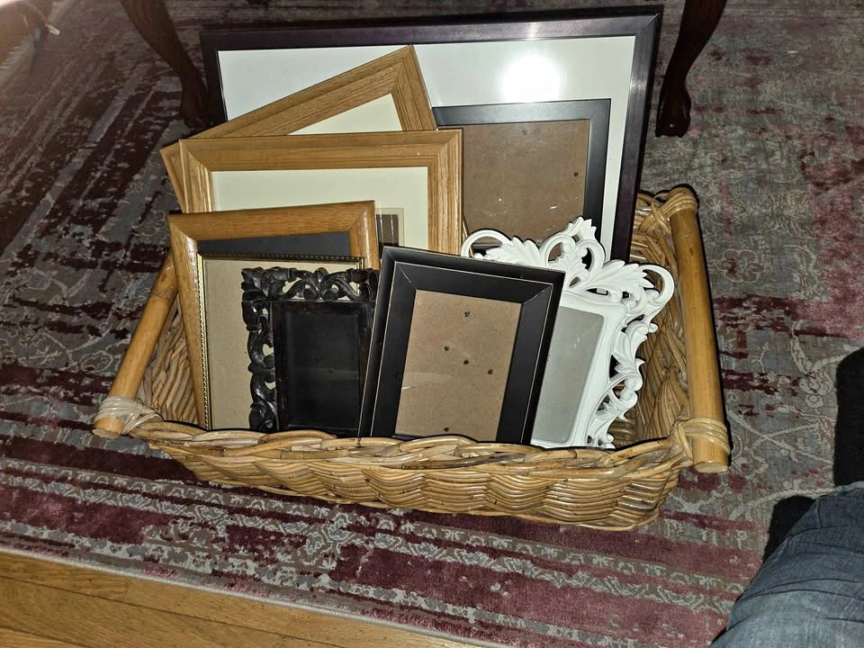 10 Picture Frame Variety Lot + Large Woven Wicker Storage Basket
