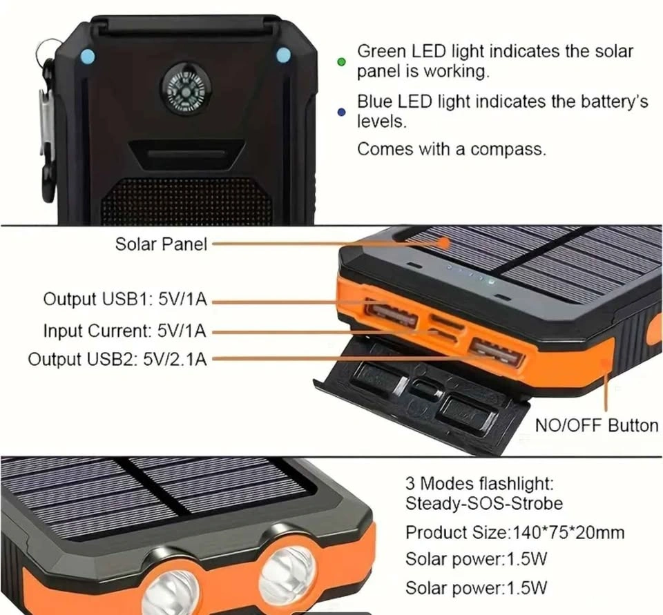 Solar Power Bank 20,000mAh with Dual USB and Flashlight - photo 3