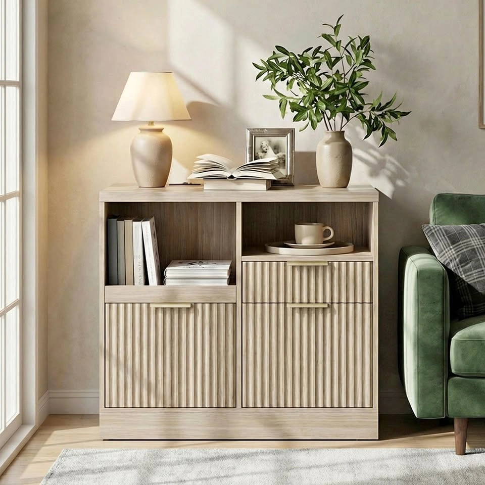 NEW Fluted Filing Cabinet w/ Charging Station (Light Walnut)