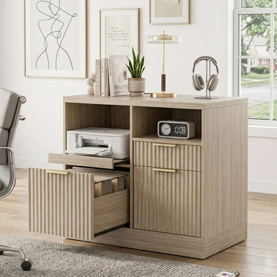 NEW Fluted Filing Cabinet w/ Charging Station (Light Walnut) - photo 2
