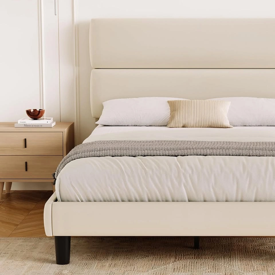 NEW Queen Platform Bed Frame w/ Velvet Headboard (Beige) - photo 2