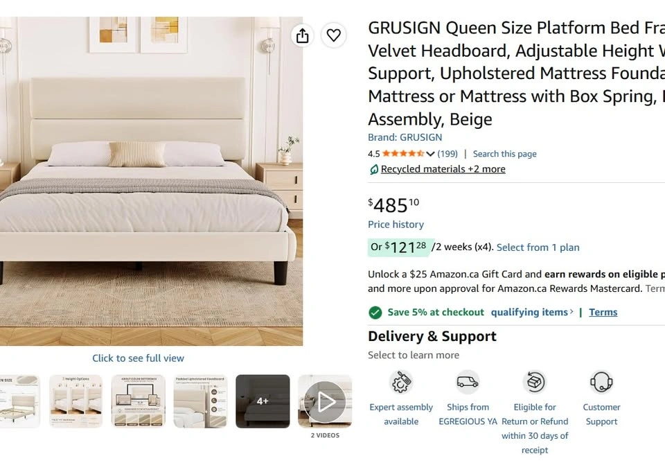 NEW Queen Platform Bed Frame w/ Velvet Headboard (Beige) - photo 3