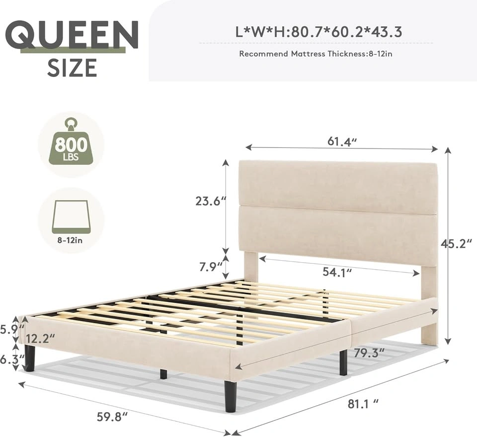 NEW Queen Platform Bed Frame w/ Velvet Headboard (Beige) - photo 4