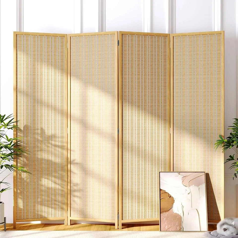 New Room Divider 4 Panel Folding Privacy Screen, Woven Bamboo