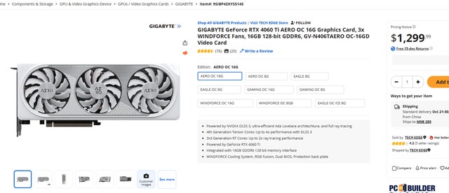 GIGABYTE RTX 4060 Ti AERO OC 16G Graphics Card