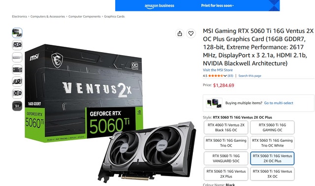 MSI RTX 5060 Ti 16G Ventus 2X OC PLUS Graphics Card