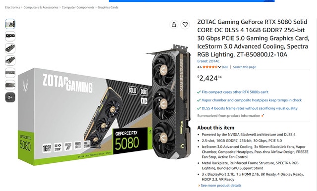 ZOTAC Gaming RTX 5080 Solid CORE OC 16GB GDDR7 Graphic Card