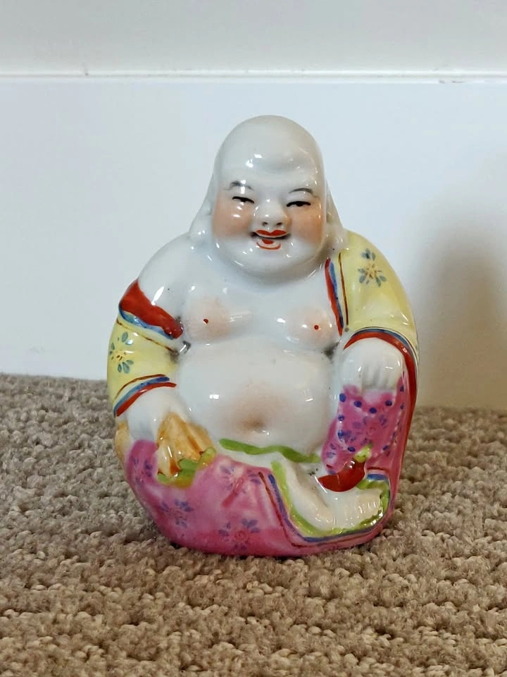 Small Laughing Buddha Sitting Porcelain Statue Figurine