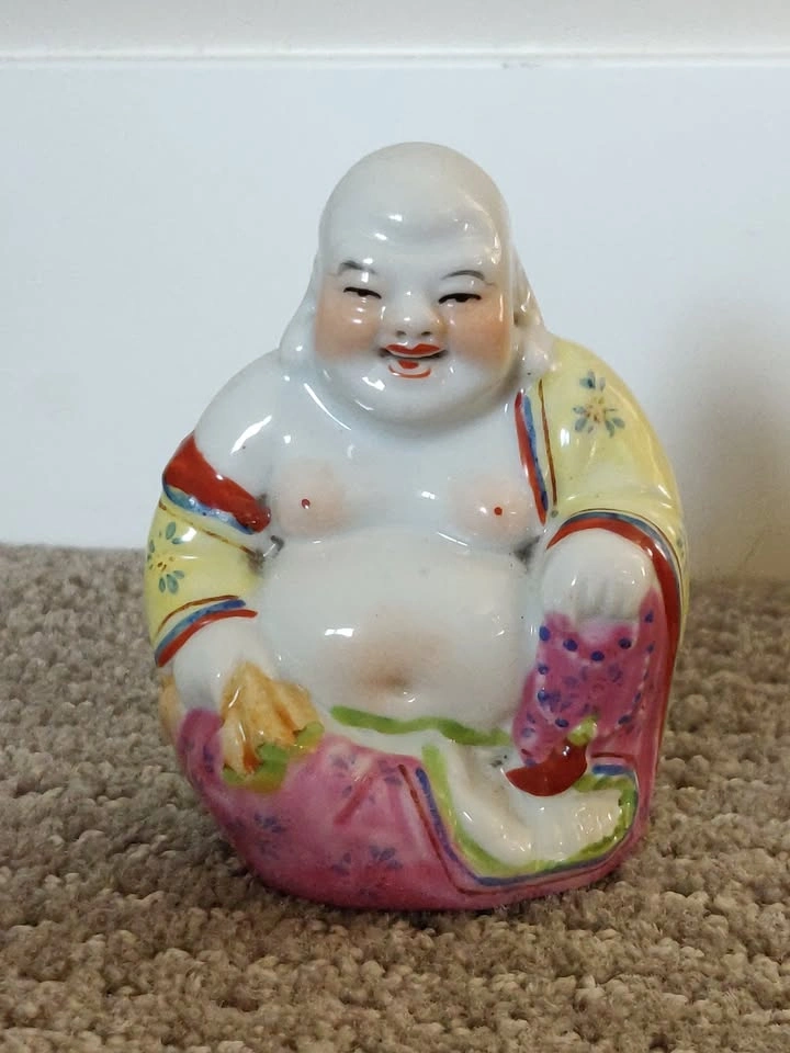 Small Laughing Buddha Sitting Porcelain Statue Figurine - photo 5