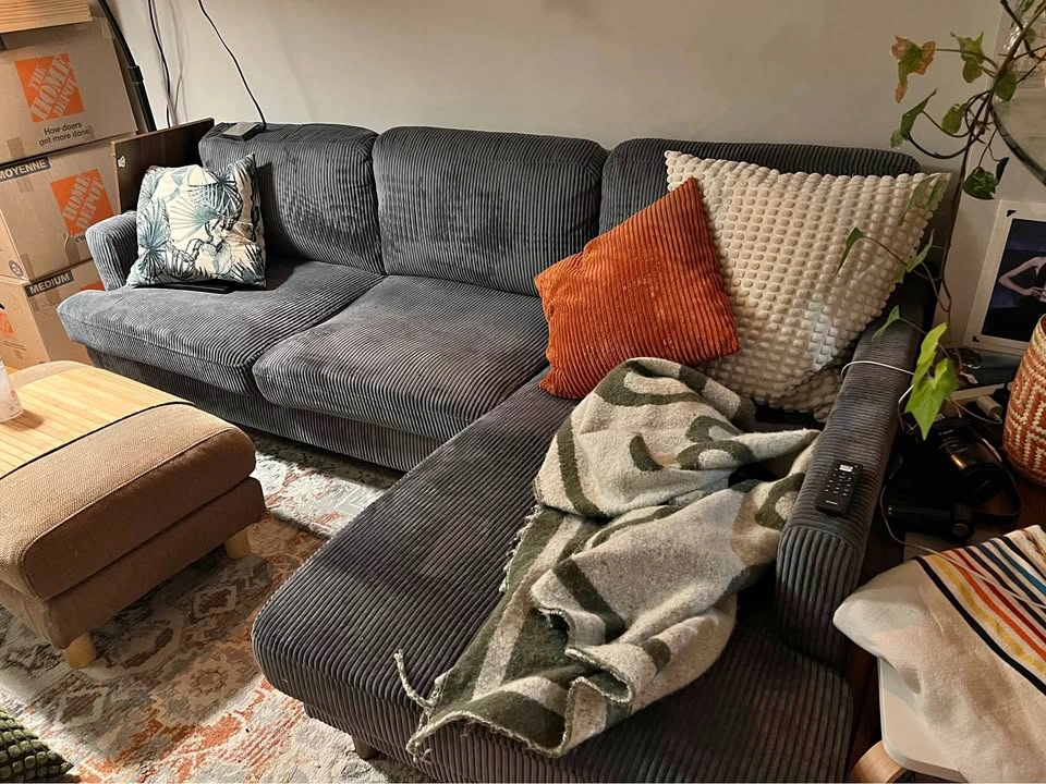 Grey corduroy L shape sectional sofa