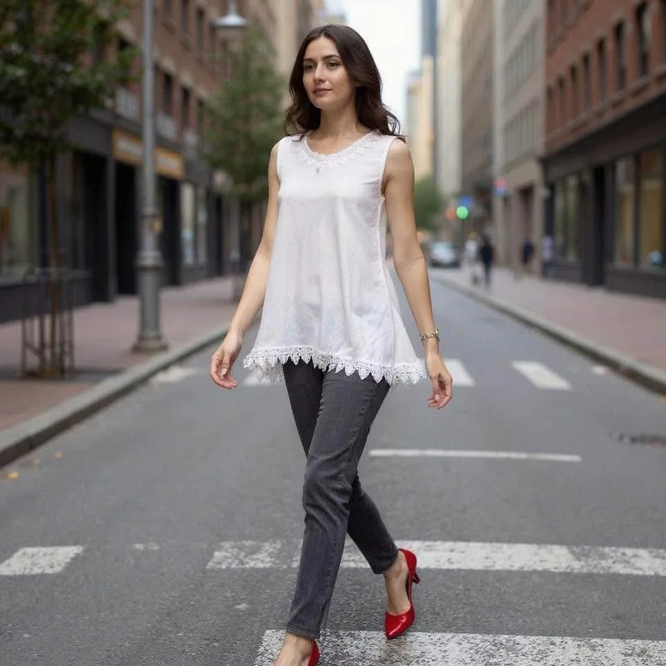 Cielo Blu Elegant Cream Lace Trim Women's Top Size M image indicator(2)