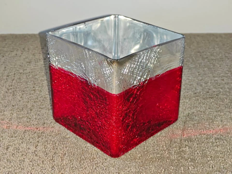 Heavy Red White Square Vase w/ Crazing Pattern - 4-3/4" x 4-3/4"