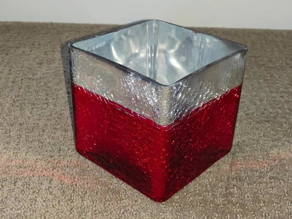 Heavy Red White Square Vase w/ Crazing Pattern - 4-3/4" x 4-3/4" - photo 2