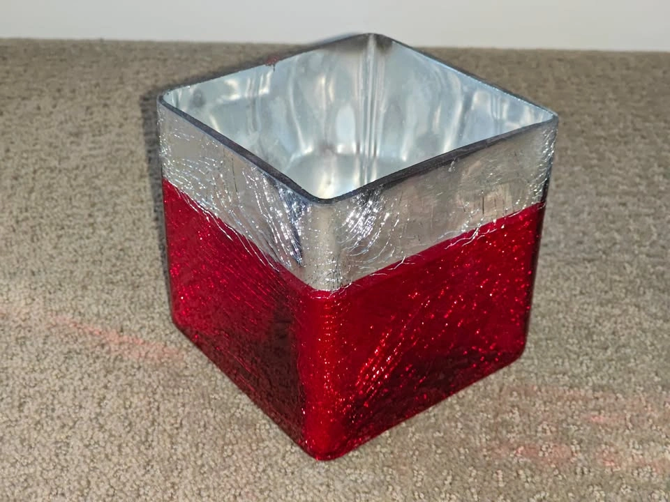 Heavy Red White Square Vase w/ Crazing Pattern - 4-3/4" x 4-3/4" - photo 3