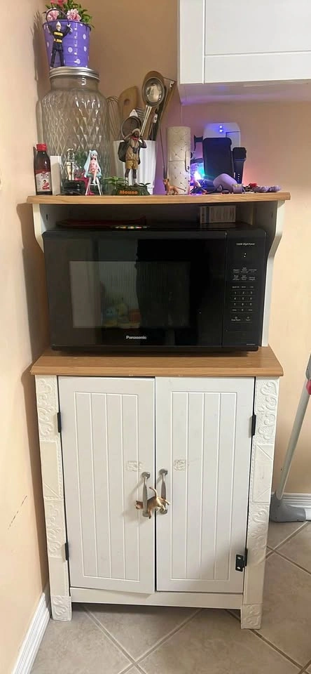 White Kitchen Hutch Microwave Stand with Wood Top