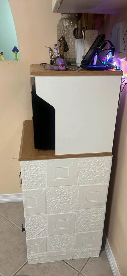 White Kitchen Hutch Microwave Stand with Wood Top - photo 2