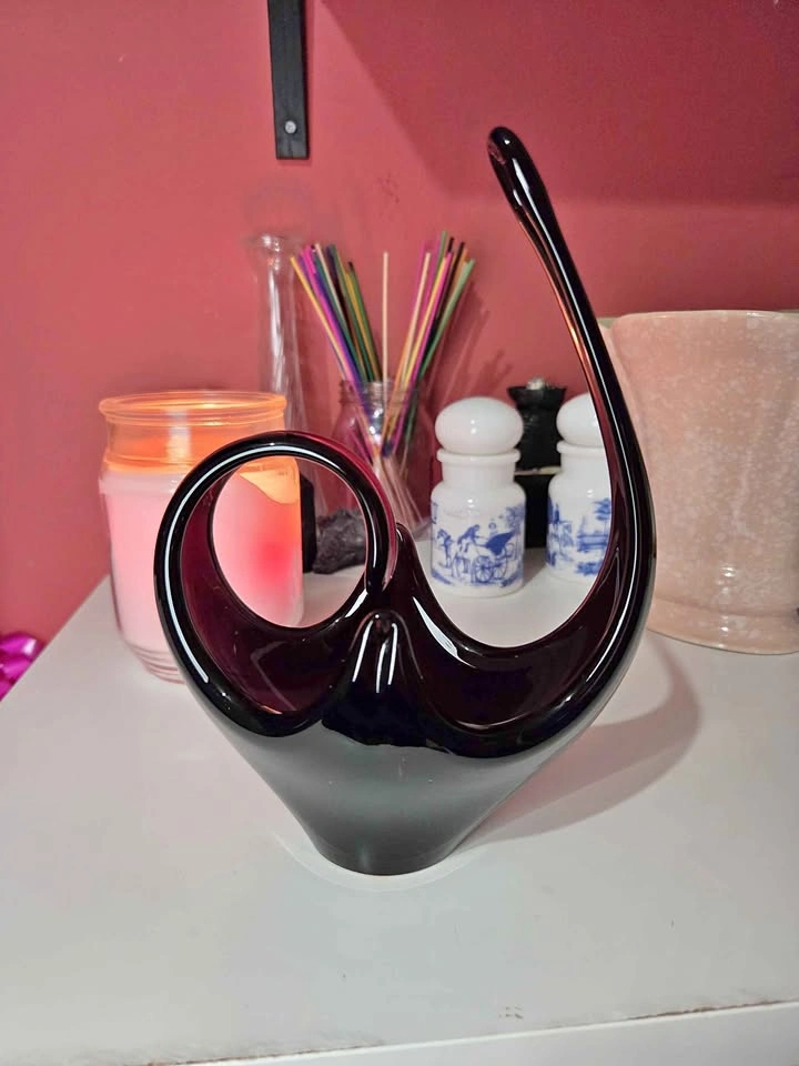 Vintage MCM Dark Purple/Black Abstract Glass Basket